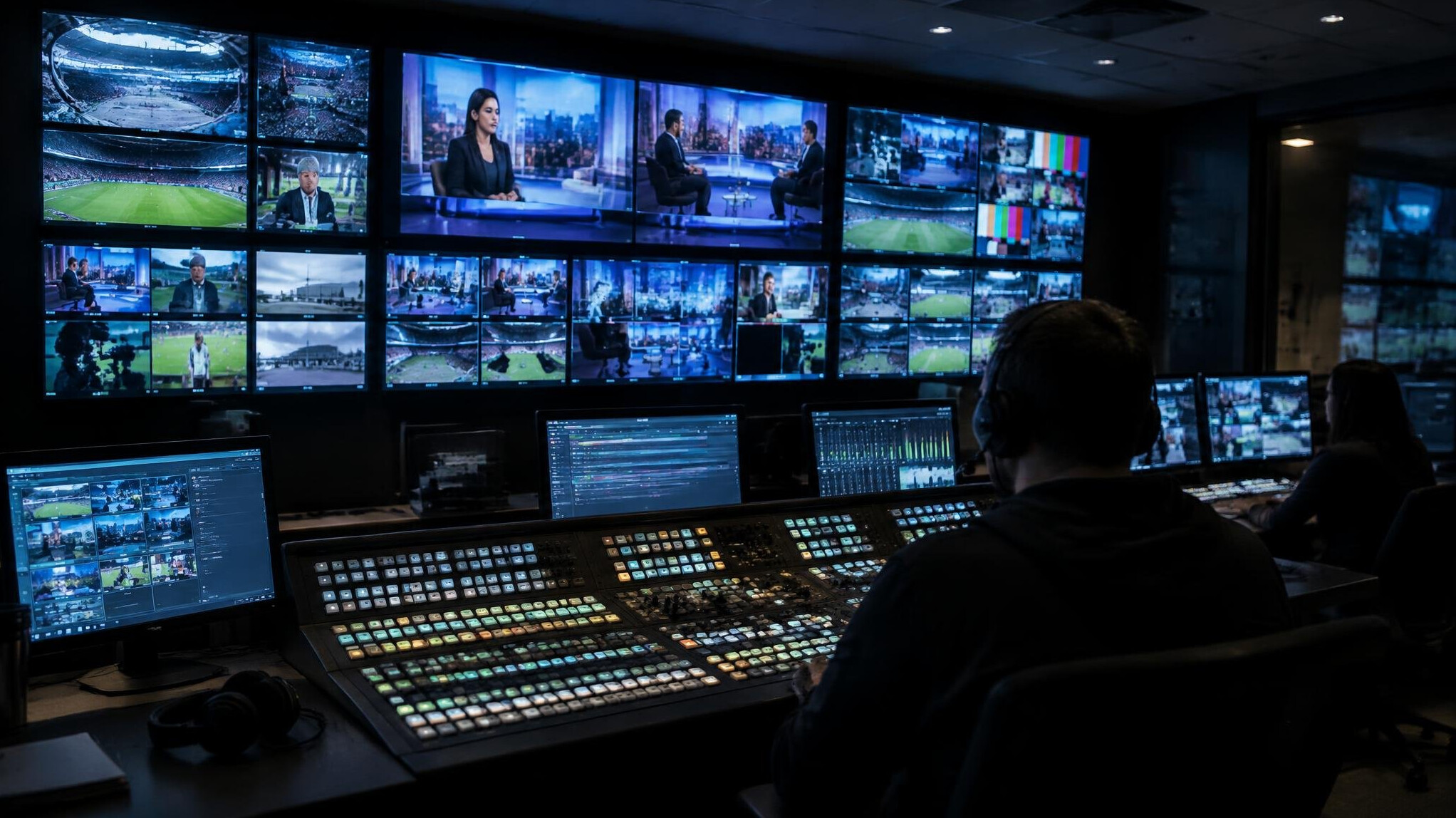 Television gallery control room with multiple monitors