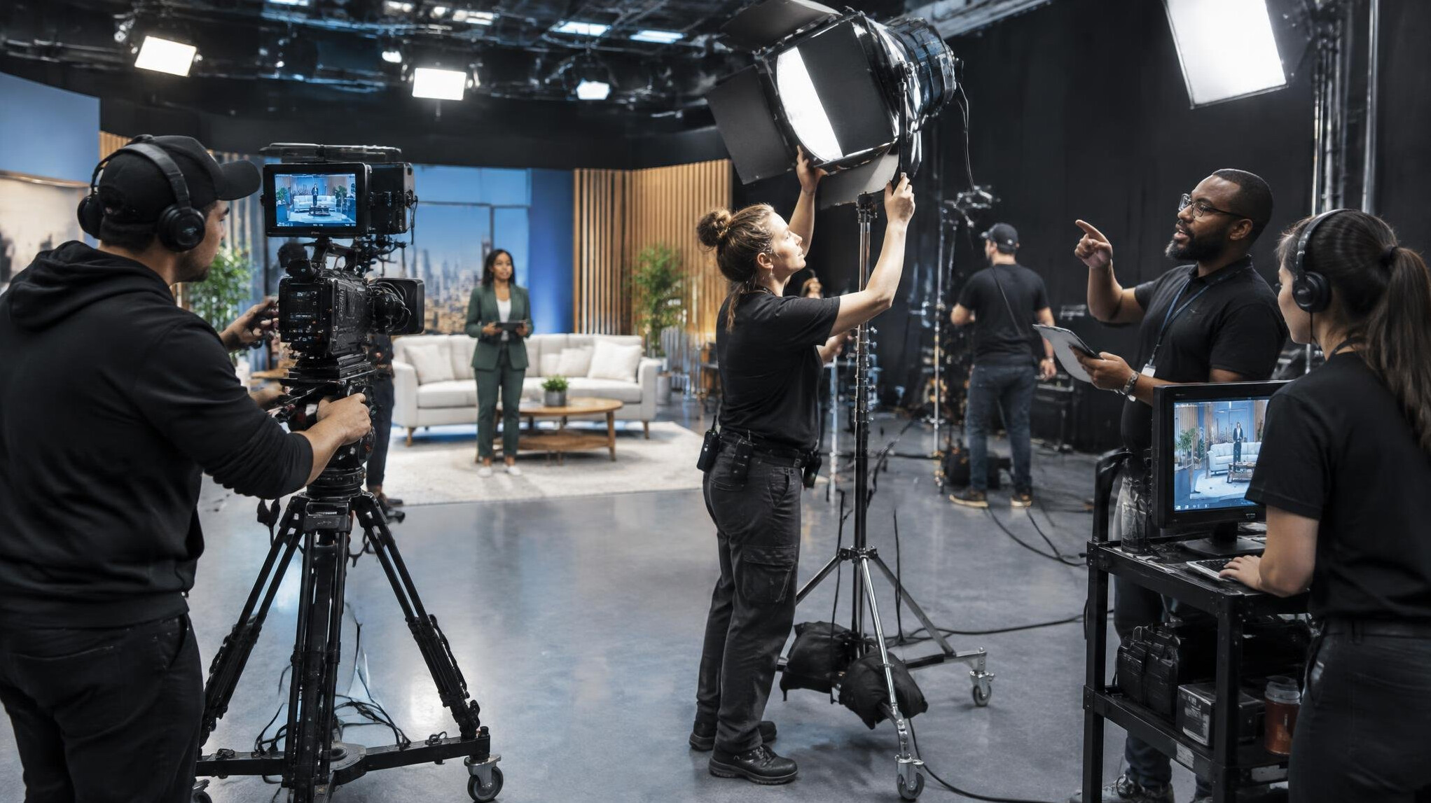 Production crew working together on a studio floor