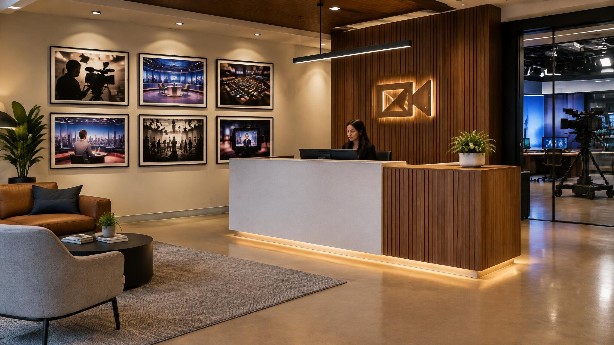 Reception desk area of a broadcast studio facility