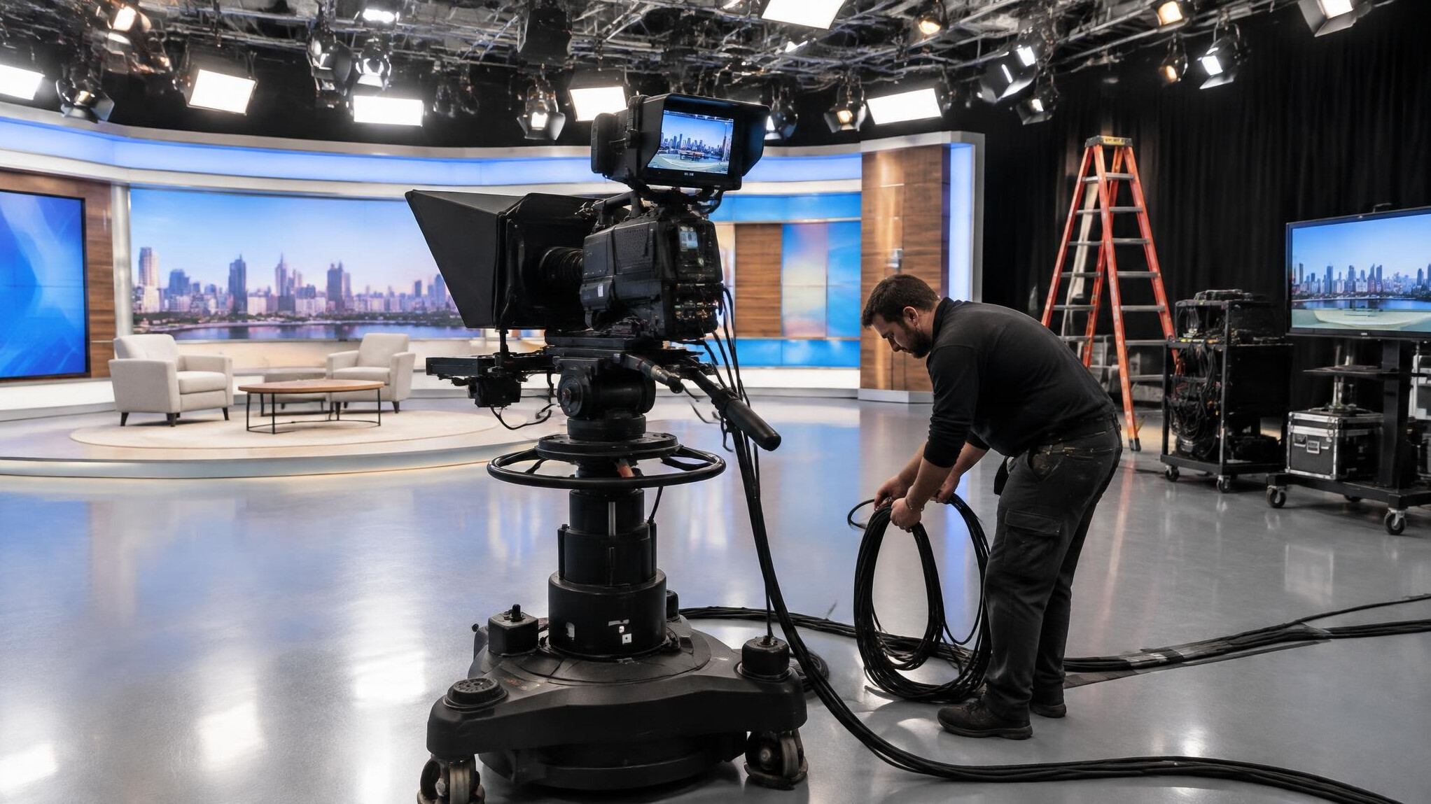 Broadcast studio control room with camera and monitors