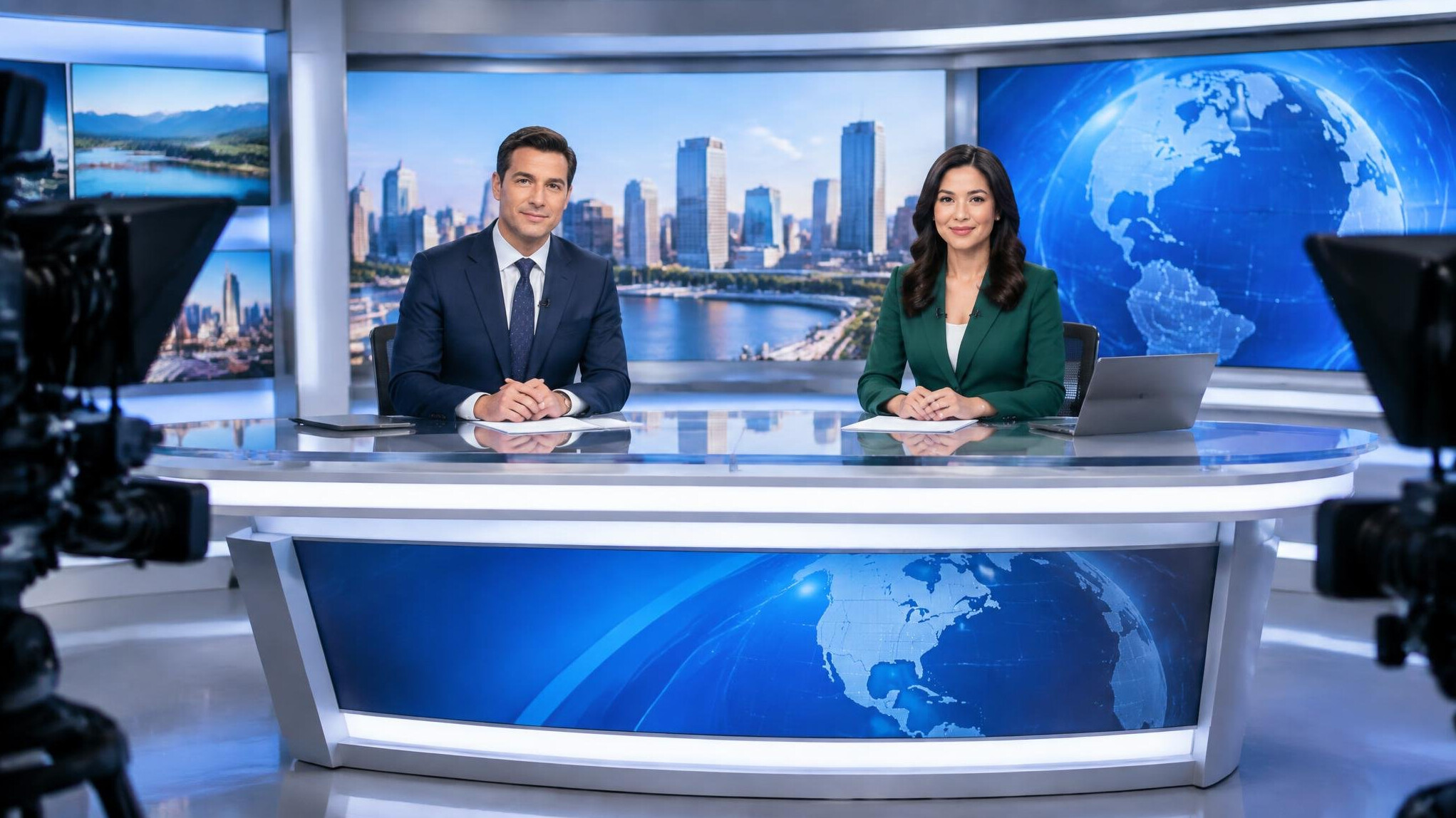 News presenters on set during a live broadcast