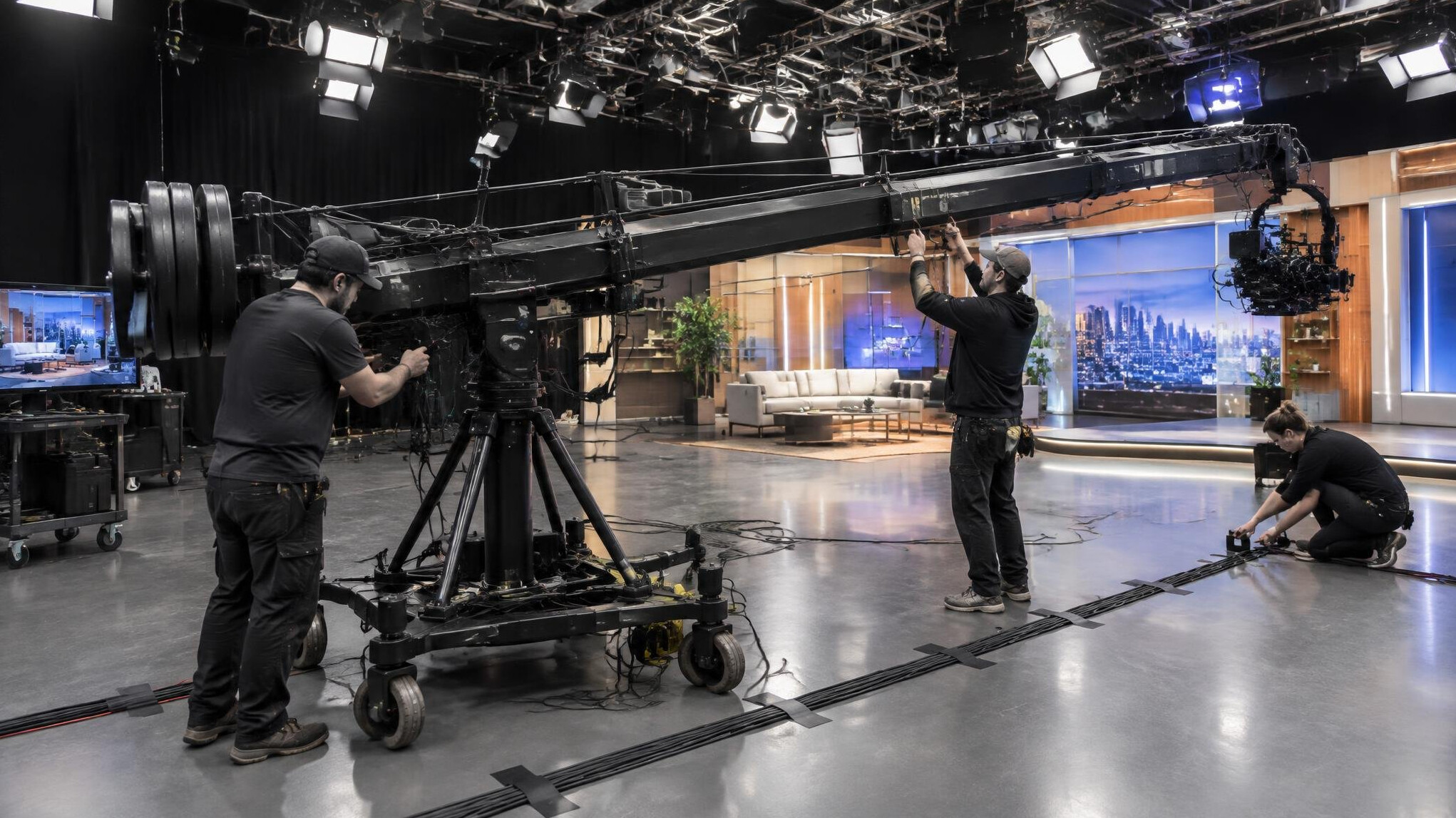 Crew rigging a camera crane on a studio floor