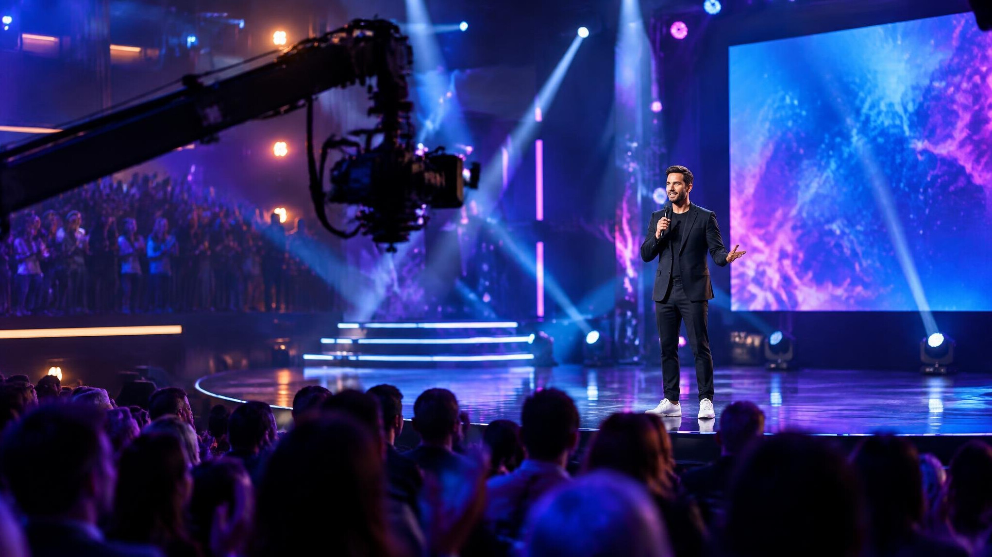 Live show production with stage lighting and presenter