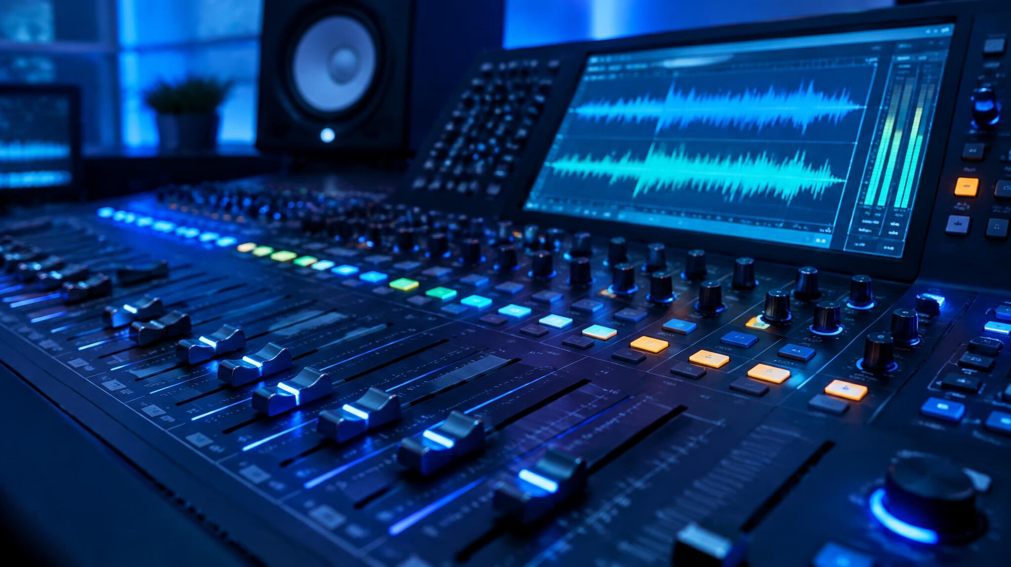 Close-up of an audio mixing desk with sound waveforms
