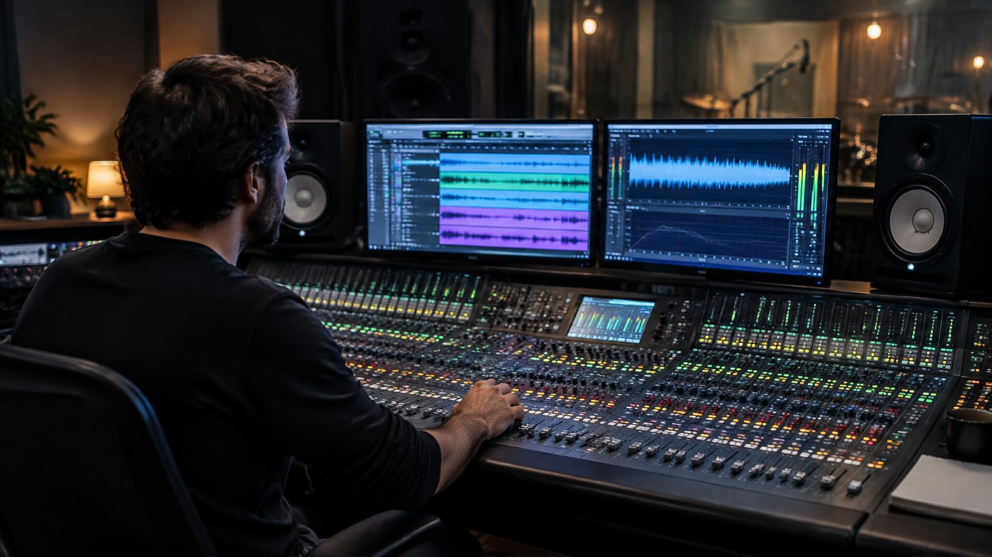 Sound engineer at an audio mixing console in a studio
