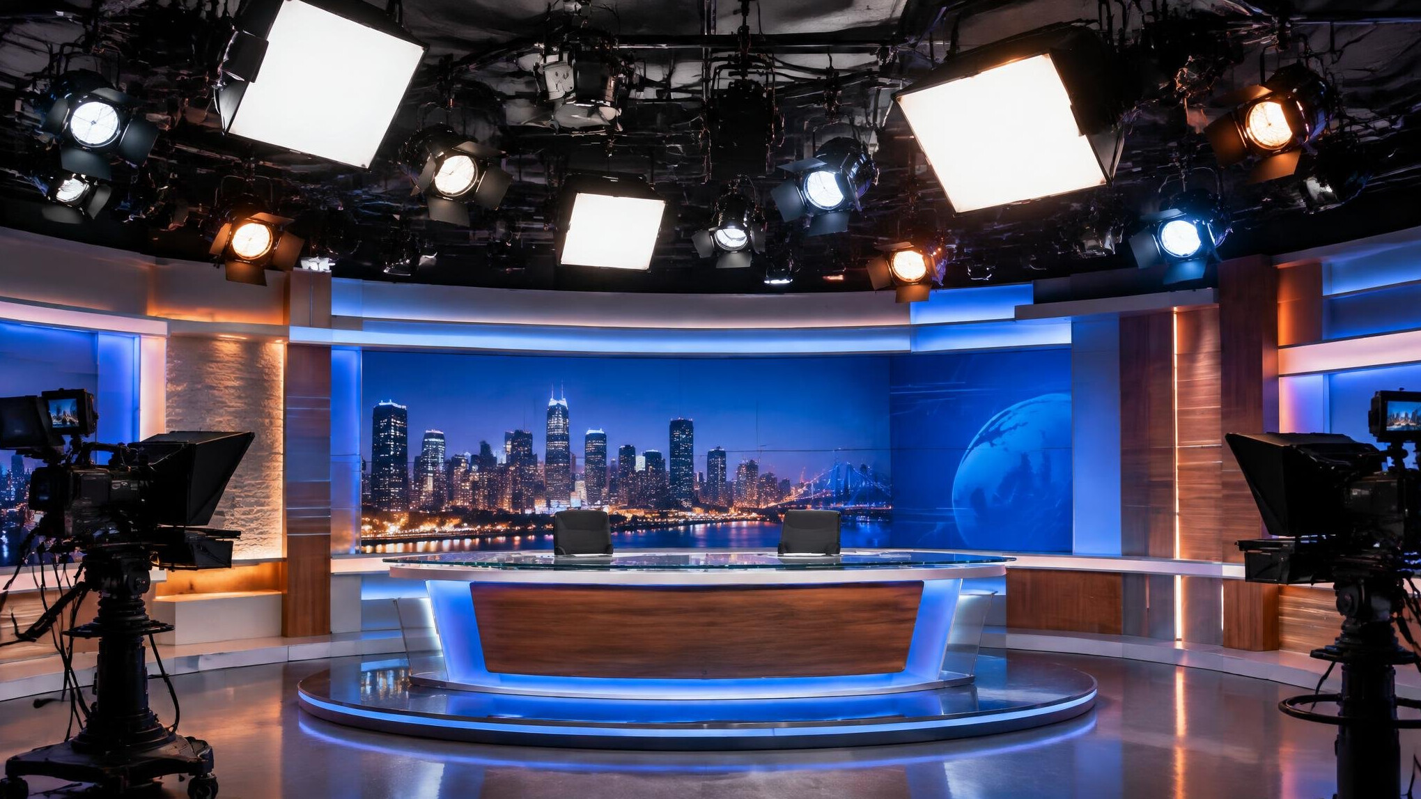 Studio lighting rig with softbox lights over a news desk