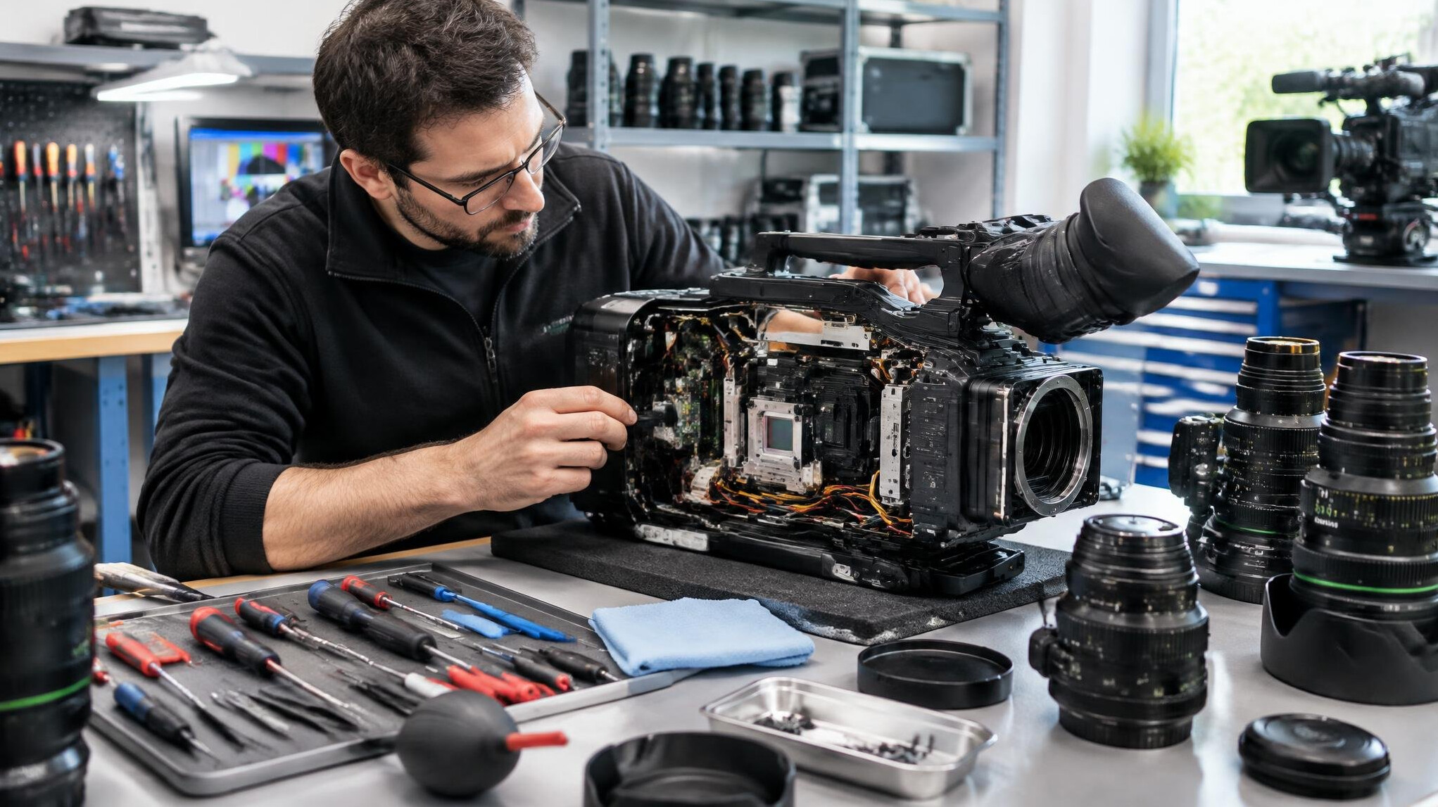 Technician servicing broadcast camera equipment
