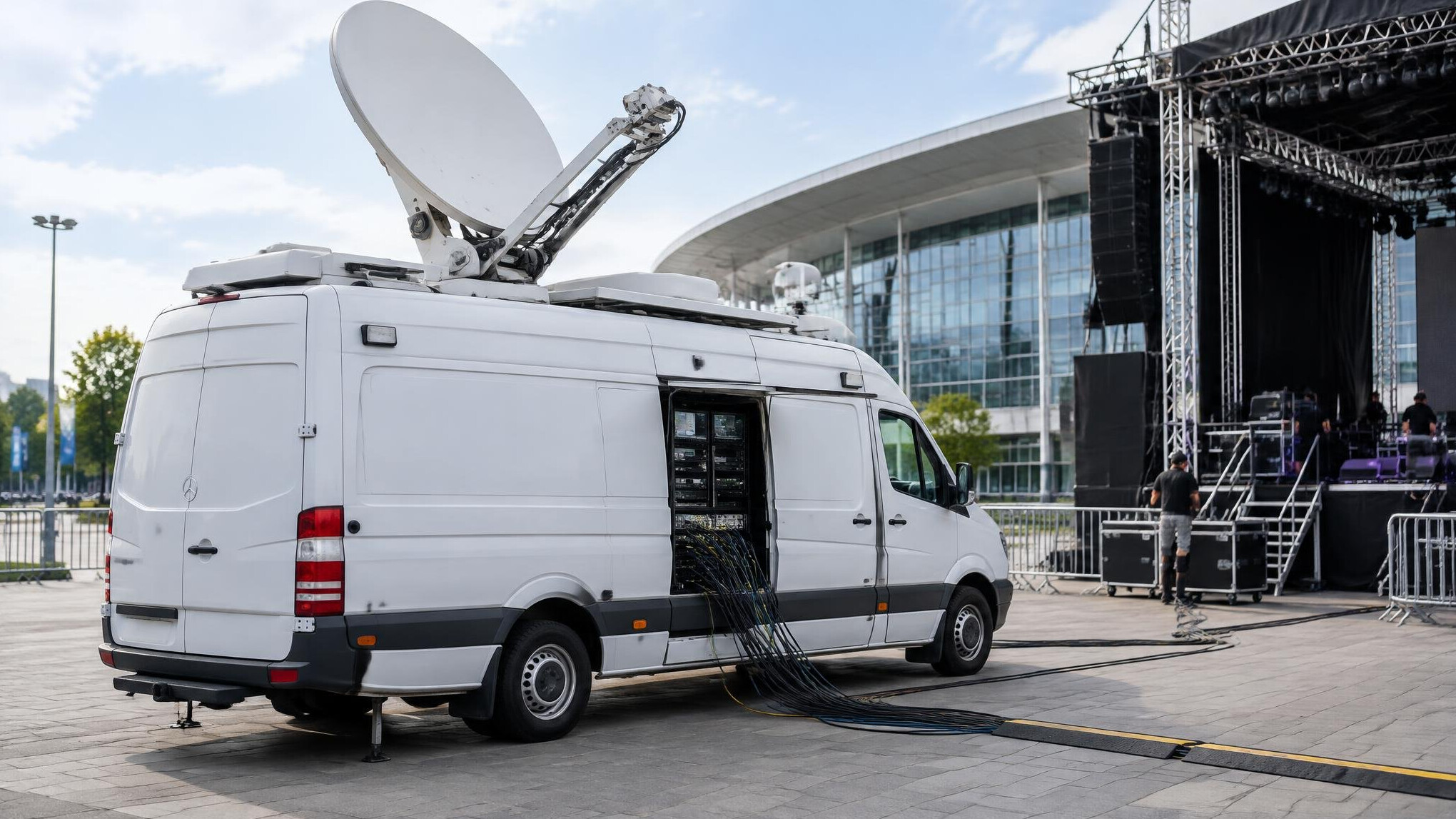 Outside broadcast van with satellite dish for live news