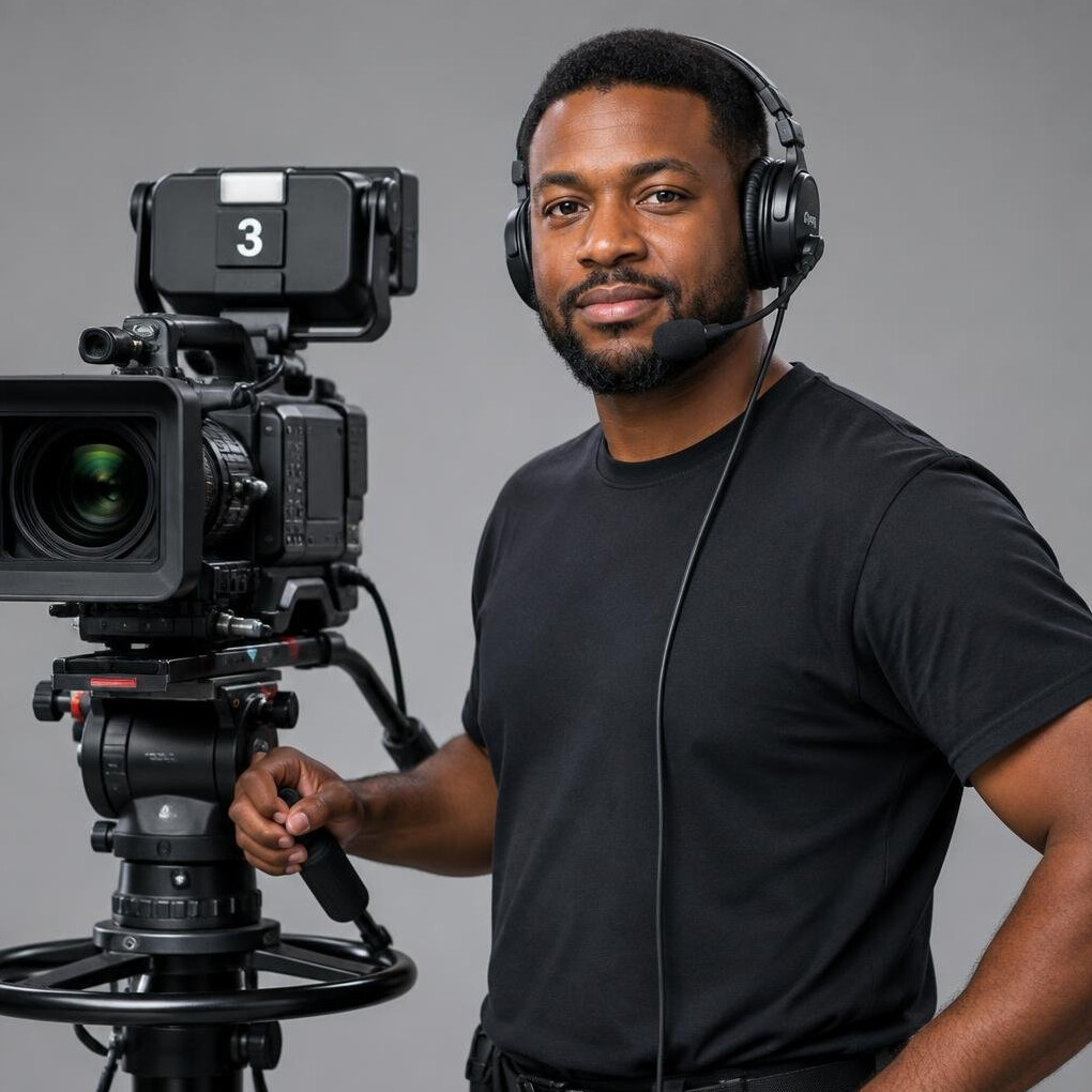 Portrait of a camera operator holding a broadcast camera