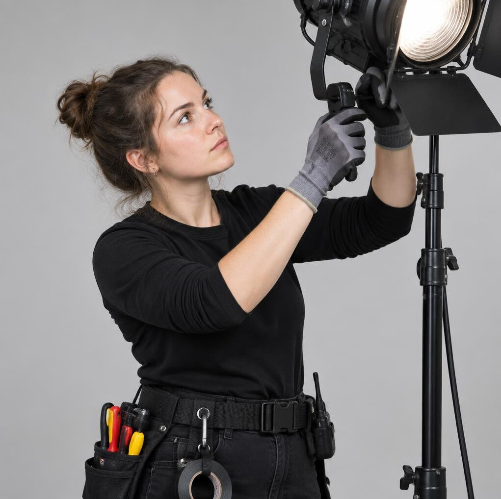 Portrait of a lighting technician adjusting a studio light